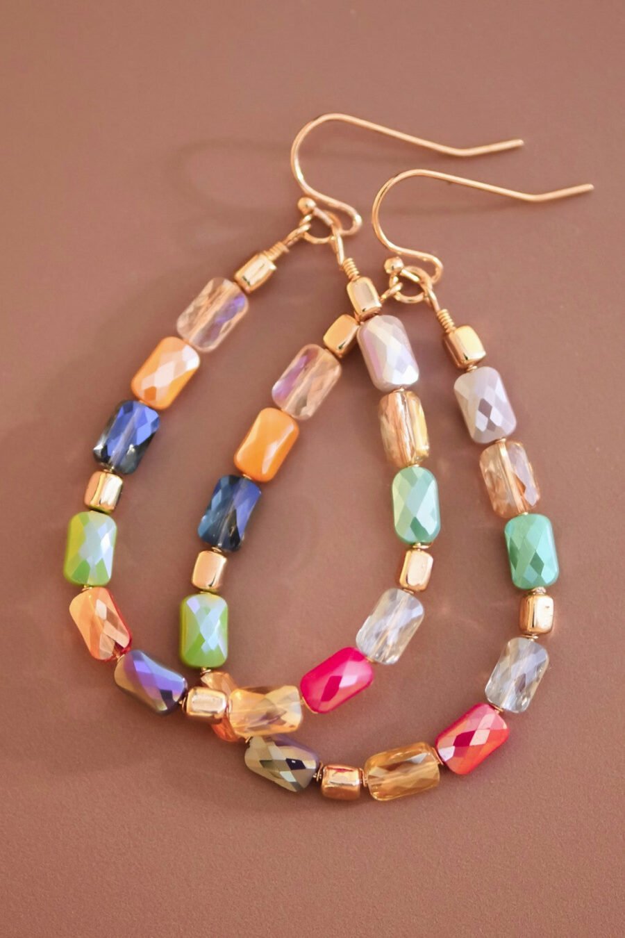 Teardrop Wire Beaded Glass Crystal Earrings - 7277